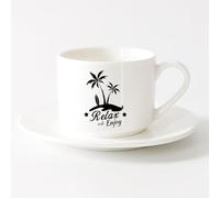LAYEHDF Mug, Coffee/Tea Cup Beach Style Palm Tree Surfing Relax and Enjoy Logo （6oz/175ml） Nice Xmas Gift，Sets Tea Cup with Saucers (White)