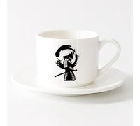 LAYEHDF Novelty Ceramic Cup Japanese Warrior Enso Zen Circle Samurai Asian Style （6oz/175ml） for Office, Home，Sets Tea Cup with Saucers (White)