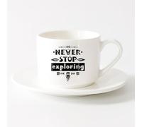 LAYEHDF Novelty Ceramic Cup Never Stop Exploring Adventure Motivational Phrase （6oz/175ml） for Tea Coffee Hot Brew，Sets Tea Cup with Saucers (White)