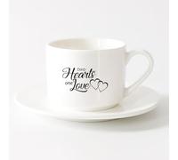 LAYEHDF Novelty Tea or Coffee Cup Two Hearts One Love Inscription Romance （6oz/175ml） Great for Home, Office, Cafes, Gift Ideas，Sets Tea Cup with Saucers (White)