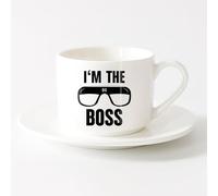 LAYEHDF Porcelain Coffee Mugs Work Job boss Words im The boss Office （6oz/175ml） Stylish & Durable - Microwave & Dishwasher Safe，Sets Tea Cup with Saucers (White)