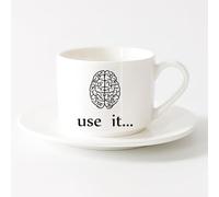 LAYEHDF Porcelain Cup Brain Quote Use It Workspace Inspire Office Room （6oz/175ml） Dishwasher Microwave Safe,for Office and Home ，Sets Tea Cup with Saucers (White)