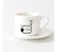 LAYEHDF Porcelain Cup Knowledge is Power Motivational Phrase Brain Idea （6oz/175ml） Dishwasher Microwave Safe,for Office and Home ，Sets Tea Cup with Saucers (White)