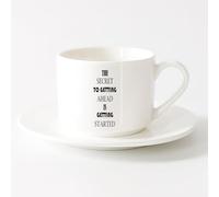 LAYEHDF Porcelain Cups Motivation Quote Words Inspiring Letters Secret to Getting Ahead is Started （6oz/175ml） for Home and Office，Sets Tea Cup with Saucers (White)