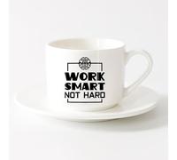 LAYEHDF Porcelain Latte Tea Cup Work smart not Hard Quote Brain officeg （6oz/175ml） Dishwasher Microwave Safe,for Office and Home ，Sets Tea Cup with Saucers (White)