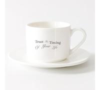 LAYEHDF Stylish Tea and Coffee Cups Motivation Trust Timing Quote Words （6oz/175ml） Ceramic Coffee Mug for Cappuccino Tea, Milk,，Sets Tea Cup with Saucers (White)