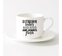 LAYEHDF Stylish Tea and Coffee Cups Quote Shower Rules Wash Brush Flush （6oz/175ml） Ceramic Coffee Mug for Cappuccino Tea, Milk,，Sets Tea Cup with Saucers (White)