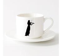 LAYEHDF Stylish Tea and Coffee Cups Violin Beautiful Girl Violinist Musical （6oz/175ml） Ceramic Coffee Mugs for Home or Work，Sets Tea Cup with Saucers (White)