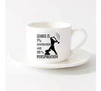 LAYEHDF White Ceramic Coffee Mugs Genius Quote Inspire Motivation Work （6oz/175ml） Dishwasher Microwave Safe,for Office and Home ，Sets Tea Cup with Saucers (White)