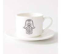 LAYEHDF White Ceramic Coffee Mugs God's Hand Hamsa Amulet Judaism （6oz/175ml） Coffee, Tea, Latte, Milk, Cocoa, Juice and Other Hot Drinks，Sets Tea Cup with Saucers (White)