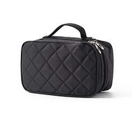 Layer Makeup Bag with Strap Large Cosmetic Organizer Case for Women Multi-Purpose Storage Brushes Eyeshadow Palette Lipstick Beauty Essentials Detachable Mirror Brush Slots