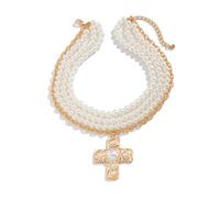 Layered Chunky Gold Hammered Cross Pendant Beaded Pearl Necklace for Women, Dainty Thick Pearls Silver Chain Necklaces Retro Prom Party Jewelry Gifts, One Size, Metal, No Gemstone