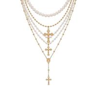 Layered Cross Choker Set Faux Pearl Pendant Chain Chunky Multi-Strand Collar for Ladies Adjustable Boho Statement Jewelry Gift