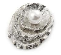 Layered Crystal 'Shell' with Pearl Brooch In Silver Tone Metal - 45mm L