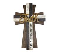 Layered Faith Wall Cross - Inspirational Christian Decor with “Faith Makes All Things Possible” - Luke 1:37 - Rustic Resin Construction with Wood-Look Texture - 11 ¾” Tall - Religious Jesus Art
