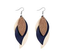 Layered Faux Leather Leaf Earrings for Women, Lightweight 3-Tier Teardrop Dangle Drop, Textured Boho Blue Brown Beige Pendant Jewelry for Western Party Gifts