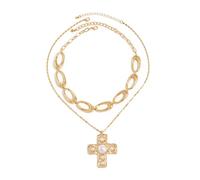 Layered Gold Chunky Cross Necklace For Women Stacked Gold Irregular Geometric Square Pendant Necklace Unique Punk Hip-Hop Oval Hollowed-Out Chain Necklace Fashion Accessories Creative Jewelry For