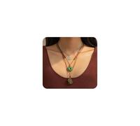 Layered Green Stone Pendant Necklace Set,Bohemia Brown Leather Geometric Stone Statement Choker,Vintage Layering Sun Round Pendant Neck Jewelry, S, Alloy Steel, No Gemstone