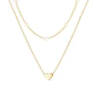 Layered Heart Pearl Necklace Minimalist Gold Silver Plated Dainty Simple Small Love Hearts Tiny Double Chain Necklace for Women Valentines Day Wedding Birthday Christmas Party Trendy Jewelry Gifts, S