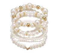Layered Pearl Stretch Bracelets Set for Women Gold Pearl Stackable Bracelets Baroque Pearl Heart Charm Bracelet Pearl Bracelet Wedding Bracelets for Bridesmaids Brides Bridal Bracelet 3-4Pcs (A)