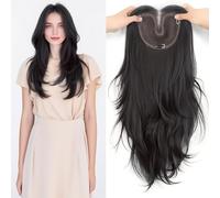 Layered Straight Waves for Seamless Volume Women's Clip in Hair Topper Synthetic Large 15x16cm Full Wig (60cm Straight Middle Part Fringe Black)