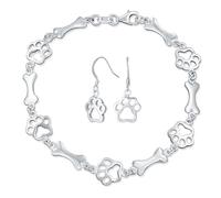 Layering Best Friend Animal Multi BFF Pet Lover Dog Puppy Link Multi Charm Bone & Paw Print Bracelet and Earrings Jewelry Set for Women Teenagers .925 Sterling Silver 7.5 Inch