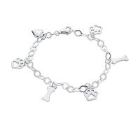 Layering Best Friend Animal Pet Lover Dog Puppy Link Multi Charm Dangling Heart, Bone & Paw Print Bracelet For Women For Teen .925 Sterling Silver 7 Inch