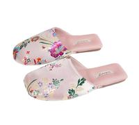 Layheld Silk Embroidered Slippers for Women, Retro Brocade Upper, Mesh and Fluffy Lining, Non-Slip Soles, Indoor Slippers, Pink, 2.5/3 UK