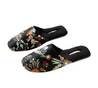 Layheld Silk Embroidered Slippers for Women, Retro Brocade Upper, Mesh and Fluffy Lining, Non-Slip Soles, Indoor Slippers, Fuzzy Black, 6/6.5 UK
