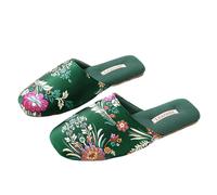 Layheld Silk Embroidered Slippers for Women, Retro Brocade Upper, Mesh and Fluffy Lining, Non-Slip Soles, Indoor Slippers, Green, 6/6.5 UK