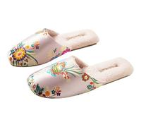 Layheld Silk Embroidered Slippers for Women, Retro Brocade Upper, Mesh and Fluffy Lining, Non-Slip Soles, Indoor Slippers, Fuzzy Pink, 6/6.5 UK