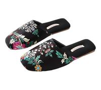 Layheld Silk Embroidered Slippers for Women, Retro Brocade Upper, Mesh and Fluffy Lining, Non-Slip Soles, Indoor Slippers, black, 6/6.5 UK