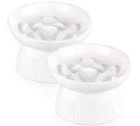 Layhit 2 Pack Raised Slow Feeder Cat Bowls Ceramic Elevated Cat Food Bowls Anti Vomiting Slow Feeder for Dog and Kitten for Dry and Wet Food(White)