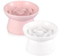 Layhit 2 Pack Raised Slow Feeder Cat Bowls Ceramic Elevated Cat Food Bowls Anti Vomiting Slow Feeder for Dog and Kitten for Dry and Wet Food(Pink, White)