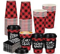 Layhit 24 Pcs Christmas Buffalo Plaid Coffee Cups Christmas Paper Cups Disposable with Lids Sleeves 12 oz for Winter Christmas Hot Cocoa Party Supplies (Black Red,16oz)