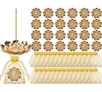 Layhit 24 Set Indian Return Gifts for Pooja Bulk, Lotus Incense Holder Gold Incense Sticks Holder with Organza Bags, Zinc Alloy Stick/Coil/Cone Anti Ash Spilling for Housewarming Yoga Spa Decor