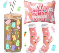 Layhit 3 Pcs Easter Bunny Gifts for Women Happy Easter 16 oz Coffee Glass Cute Rabbit Cosmetic Makeup Bag Bunny Socks for Teacher Mom Colleague Employee Friend