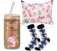 Layhit 3 Pcs Pink Axolotl Gifts for Women Thank You Gift 16 oz Coffee Glass Cosmetic Makeup Bag Cute Socks Christmas Gift for Axolotl Lover