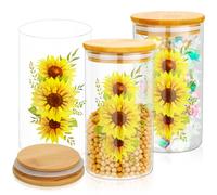 Layhit 3 Pcs Sunflower Glass Canister Set Clear Lemon Kitchen Storage Jars with Airtight Bamboo Lid for Coffee Bean Cookie Candy Tea Flour Farmhouse Home Countertop 24oz
