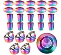 Layhit 30 Pcs Rainbow Stainless Steel Dinnerware Set Include Set of 10 Plates Bowls Cups Iridescent Cooking Tableware Reusable Metal Dishes Cutlery Bulk for Camping Picnic Kitchen (Layhit-SHU1107)