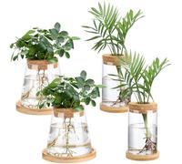 Layhit 4 Pcs Plants Propagation Stations vases Glass Planters with Wooden Lid and Bamboo Stand for Hydroponic Plants Gardening Gifts for Women Mom Home Office Tabletop Decoration(Stylish Style)