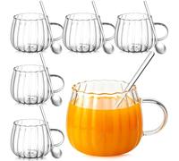 Layhit 6 Sets Pumpkin Shaped Glass Coffee Mugs with Spoons 13.5 oz Clear Tea Cups with Handle Mini Spoons for Milk, Latte, Cappuccino, Espresso, Cold or Hot Drinks