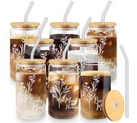 Layhit 8 Pcs Bridesmaid Gifts Bridesmaid Proposal Gifts 16 Oz Cute Can Shaped Drinking Glasses with Bamboo Lids and Glass Straw Iced Coffee Cup Mason Jar Cups for Engagement Wedding Bridal (Stylish)