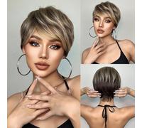 Layhou Women's Wig Short Layered Pixie Cut Wigs with Hair Bangs Natural-looking Fluffy Hair Wig High-Temperature Synthetic Wig Comfortable and Breathable with Hair Net