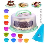 Layluu Cake Carrier with Handle - For 10 Inch Cakes, 3 Secure Locks - Cake Storage & Transport Box, Reusable Cake Holder with Snack Tray, 11 Silicone Cupcake Moulds & Piping Kit - Baking Gift Set