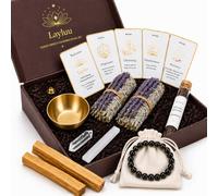 Layluu Guided Energy Cleansing Ritual Set - White Sage Smudge Sticks, Palo Santo Sticks, Crystals, Selenite, Obsidian Bracelet, Incense Sticks, Smudge Bowl, 5-Card Deck | Gifts for Women, Meditation