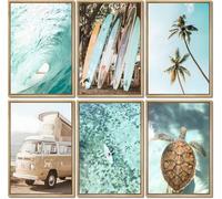 Laywhq Beach Wall Art Summer Nautical Surf Tropical Palm Tree Ocean Turtle Paintings Prints Posters Coastal Surfboard Bus Room Canvas Wall Decor for Bedroom Living Room Set of 6 8x10inch Unframed