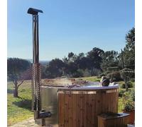 LayzeeTub Large 6-8 Person Wood Fired Hot Tub with Integrated Heater & Fibreglass Liner - Blue Gelcoat - Air | Hydro & Integrated LEDs - Scandinavian Spruce