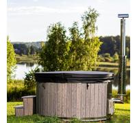 LayzeeTub Large 6-8 Person Wood Fired Hot Tub with Integrated Heater & Fibreglass Liner - Blue Pearl Gelcoat - Air | Hydro & Integrated LEDs - Scandinavian Spruce