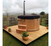 LayzeeTub XL Wood Fired 10 Person Hot Tub | Integrated Heater | Fibreglass Liner - Blue Gelcoat - Scandinavian Spruce - Air | Hydro & Integrated LEDs